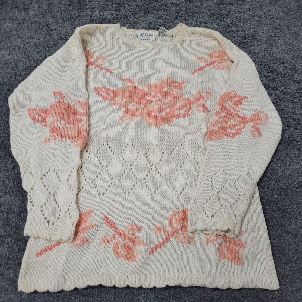 Le Studio Classic Sweater Womens Size L Cream Ramie Cotton Pink Floral Knit Rose